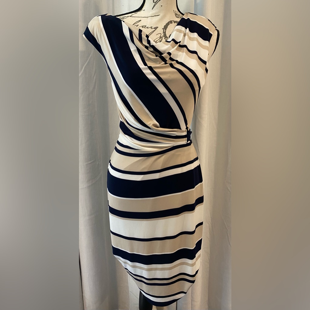 Ralph Lauren Women's Sleeveless Faux Wrap Draped Cowl Neck Striped Dress Sz 8